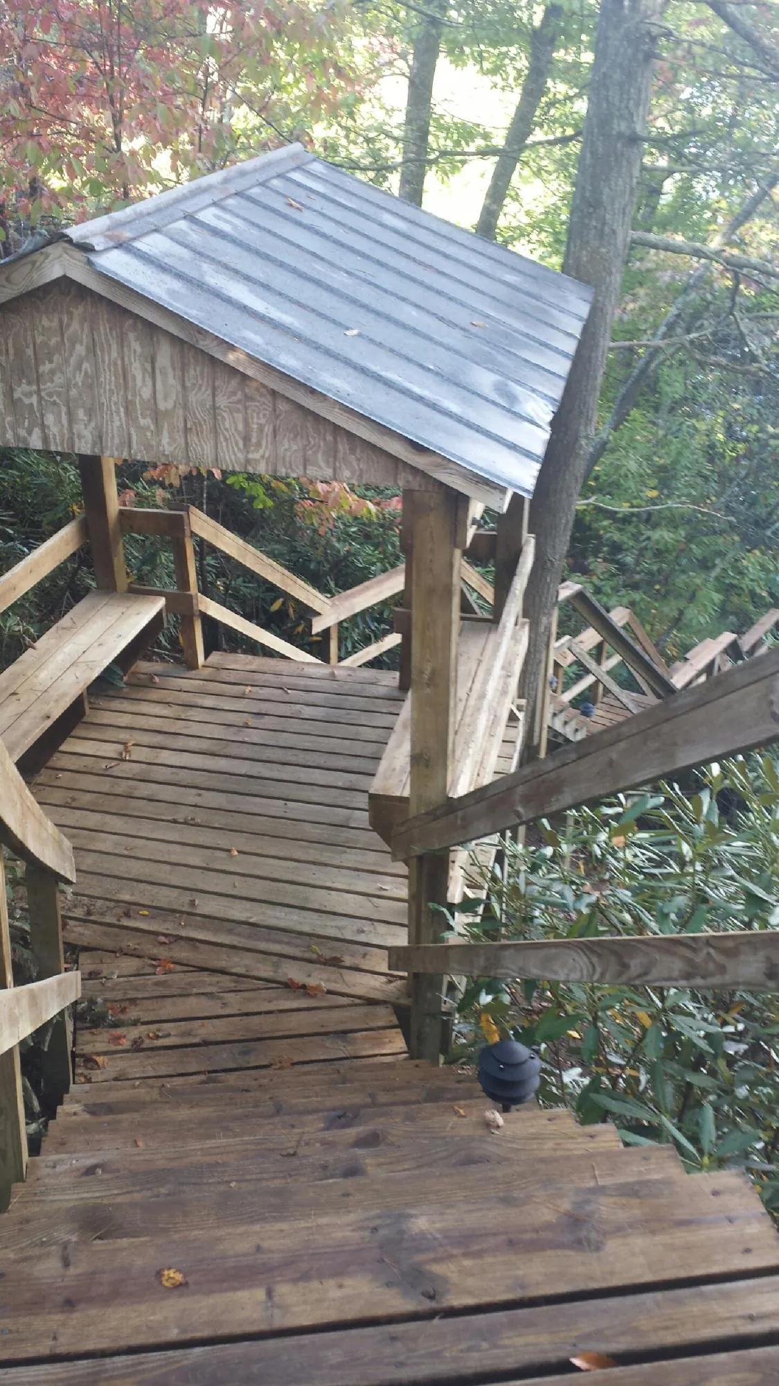 Metal roofed shelter over wooden steps on a wooded walkway — Skylight Repair & Installation work by our crew in Elkins